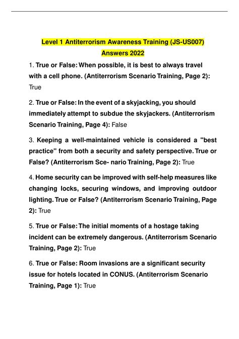 Level 1 Antiterrorism Awareness Training (Js-Us007) Answers (100% Correct)  - Level 1 Antiterrorism Awareness - Stuvia Us
