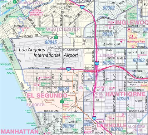Los Angeles Long Beach Southwest La Detailed Aterial Wall Map W Zip Codes Ebay
