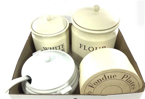 Lot Tureen Fondue Plates Flour Amp Sugar Canisters
