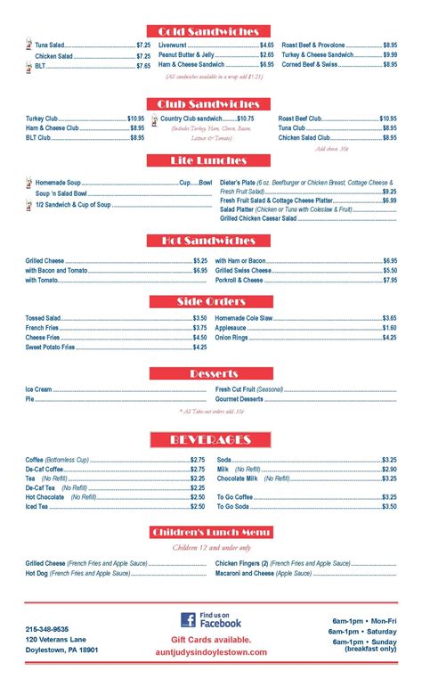 Lunch Menu Aunt Judy S Family Restaurant