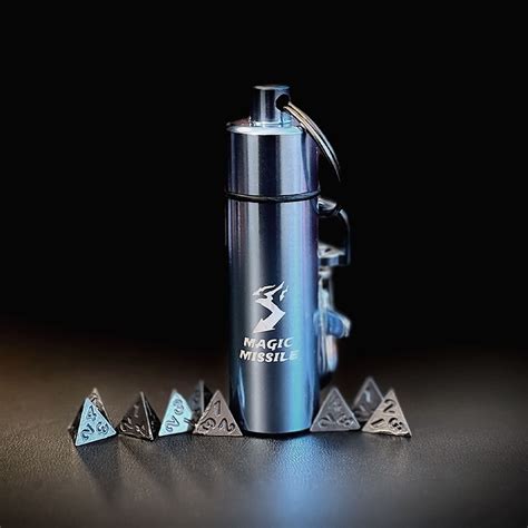 Magic Missile Spell Component Keychain With Tiny 9Pc Dice Set