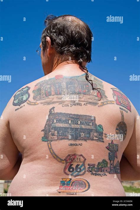 Man Covered In Route 66 Tattoos Afton Gas Station Museum Visitor Center Oklahoma Usa Stock Photo Alamy