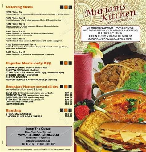 Mariams Kitchen Menu South Africa South Africa Menu Prices