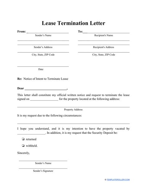 Military Lease Termination Agreement Letter Document Template