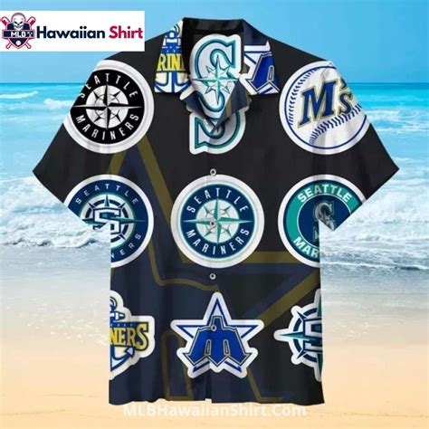 Multi Logo Seattle Mariners Hawaiian Shirt On Black Mlb Hawaiian