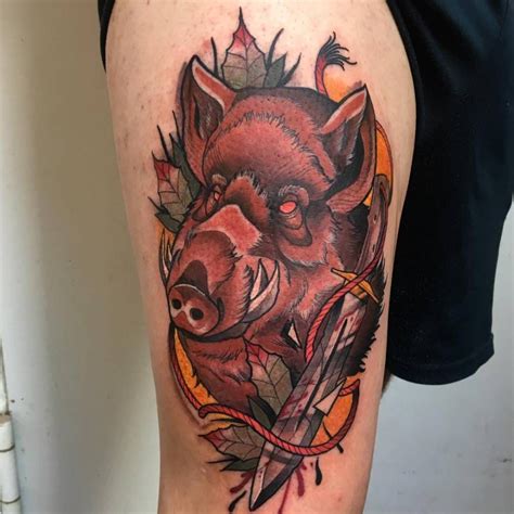 Neotraditional Wild Pig Portrait Tattoo On The Right