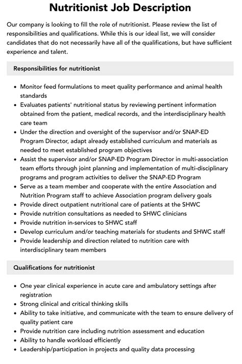 Nutritionist Job Description Velvet Jobs