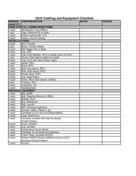 Ocs Clothing And Equipment Checklist United States Army Ocs Clothing And Equipment Checklist United States Army