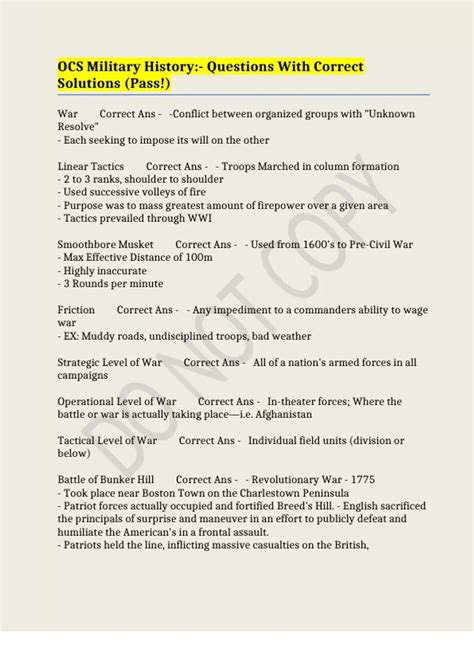 Ocs Military History Questions With Correct Solutions Pass Army