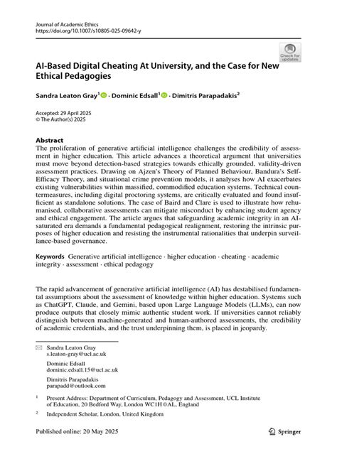 Pdf Ai Based Digital Cheating At University And The Case For New Ethical Pedagogies