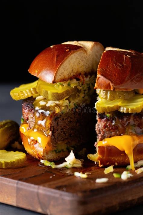 Pickle Burger Revolution Stacked Sandwich With Crispy Patty And Tangy