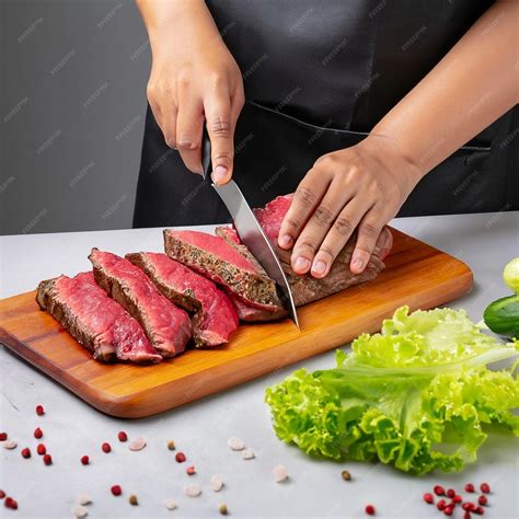 Premium Ai Image Chef Cuts Beef Into Steaks On A Wooden Plank