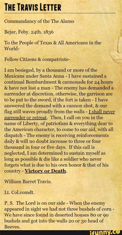 Read And Never Forget The Sacrifice The Travis Letter Commandancy Of