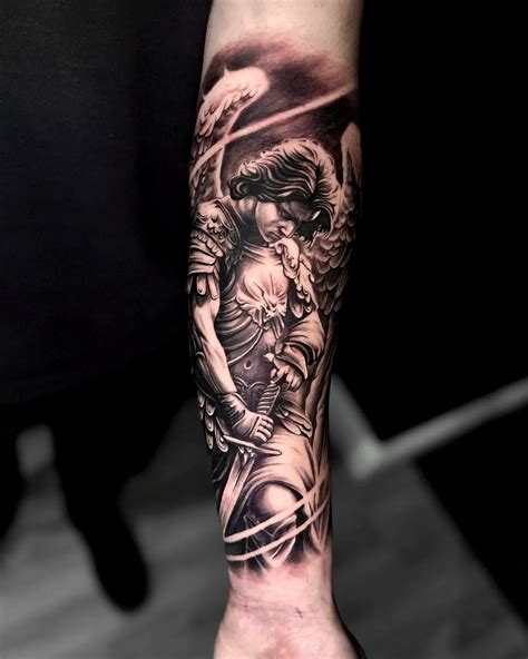 Saint Michael The Archangel On The Forearm Delaluz Tattoo Blackandgrey Religious Sleeve Armtattoo Michaelarchangel Venturacounty Ventura Oxnard Camarillo Cheyennehawkpen