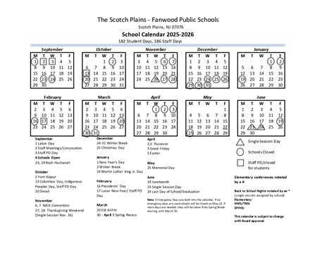 Scotch Plains Fanwood Public Schools Calendar 25 26 Revised Pdf
