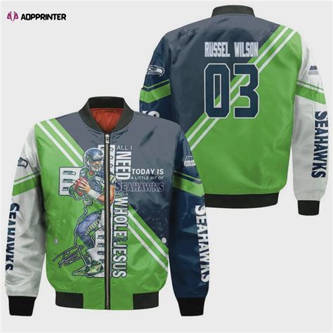 Seattle Seahawks Russel Wilson Pattern Bomber Jacket Green Aopprinter