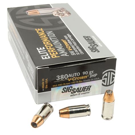 Sig Sauer Elite Defense 380 Acp Ammo 90 Grain V Crown Jacketed Hollow Point E380a1 50