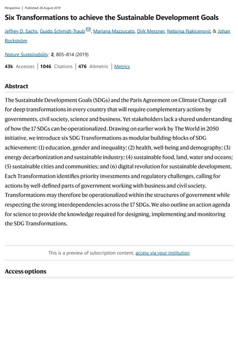 Six Transformations To Achieve The Sustainable Development Goals Nature Sustainability