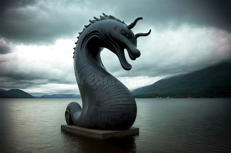 Statue Of Mythical Creature Loch Ness Monster By Lake Stock