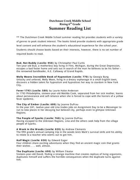 Summer Reading List Dutchman Creek Middle School