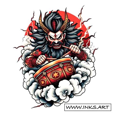 Tattoo Design Raijin Amidst Lightning And Drums Style Neotraditional