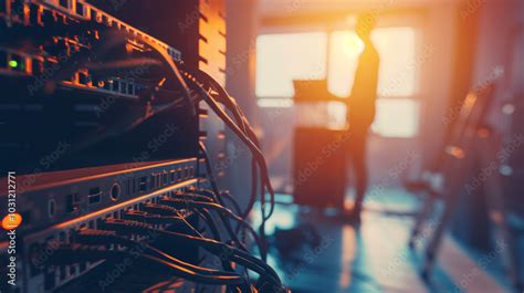 Technician In Modern Office Maintaining Network Server Surrounded By