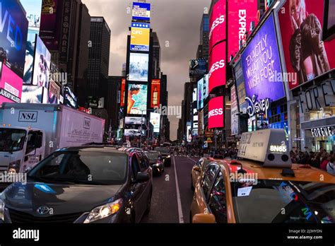 Theater District New York City Ny Usa Lots Of Carss Driving Through