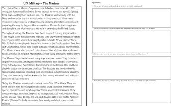 Us Military History Marine Corp 4 Paragraph Reading W Questions