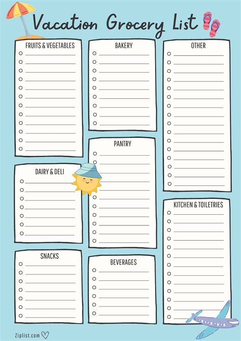 Vacation Grocery List Template