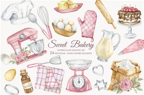 Watercolor Hand Drawn Baking Set Clipart Bakery Supplies Illustration