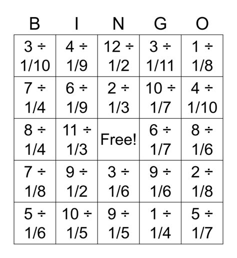 Whole Number Divided By Fraction Bingo Card Whole Number Divided By Fraction Bingo Card