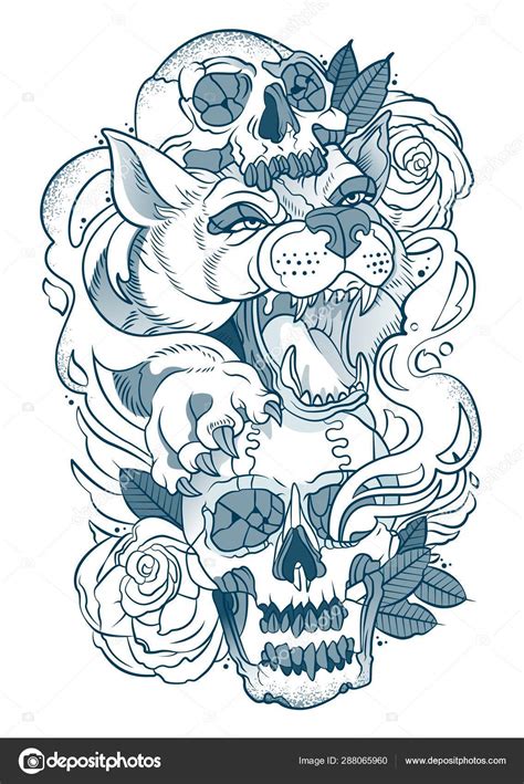 Wolf Tattoo With Human Skulls And Roses Vectors Graphicriver